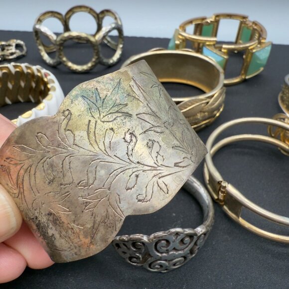 Vtg Chunky Bracelet Bangle Clamper Lot Gold Tone Silver Tone Beaded Chain Link - Picture 11 of 16